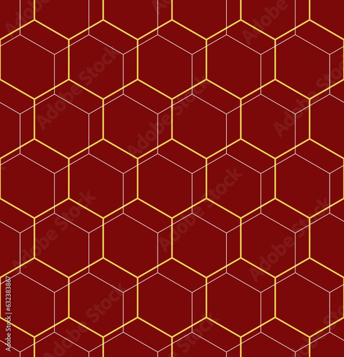 Geometric abstract red and golden hexagonal background. Geometric modern ornament. Seamless modern pattern