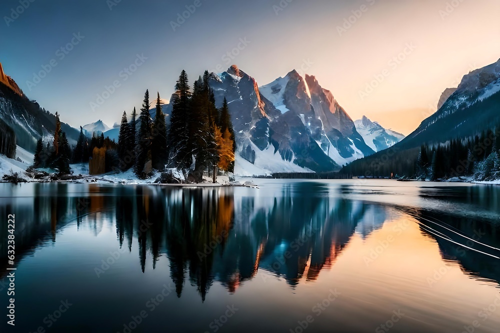 A lake surrounded by snow covered mountains under a clear sky, sunraising