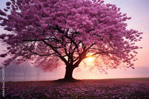 A large tree with pink flowers in full bloom  the sun rising behind it  dreamy  peaceful