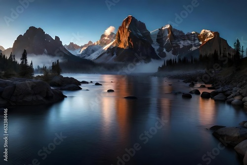 A lake surrounded by snow covered mountains under a clear sky, sunraising