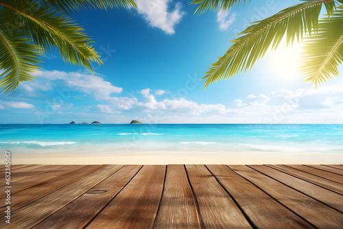 Summer tropical sea beach with waves, palm leaves and blue sky with clouds. Vacation landscape with empty wooden table for display of presentation product, AI generate