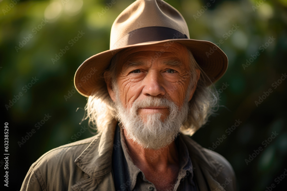 Man wearing a hat and a jacket in a jungle. The hat is a beige color with a wide brim and a black band around it, long hair, gray beard