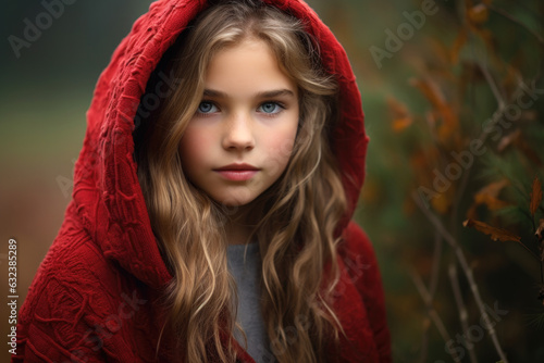 Portrait of a girl wearing a red hooded cloak in a forest