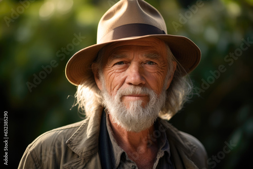 Man wearing a hat and a jacket in a jungle. The hat is a beige color with a wide brim and a black band around it, long hair, gray beard