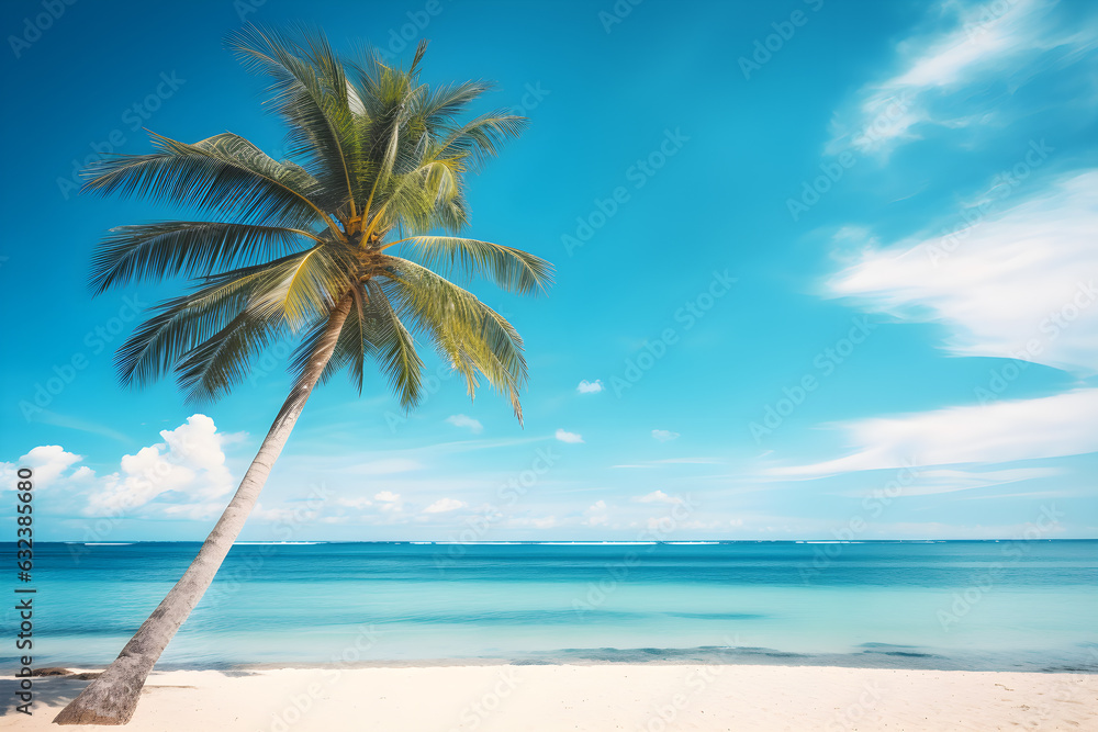 Palm tree on tropical beach with blue sky and white clouds abstract background. Copy space of summer vacation and business travel concept. AI generate
