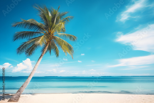 Palm tree on tropical beach with blue sky and white clouds abstract background. Copy space of summer vacation and business travel concept. AI generate