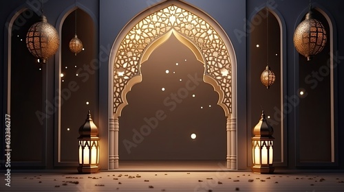 Ramadan decoration banner illustration template with Arabic lantern background. copy space.