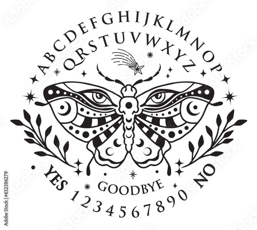 Graphic template inspired by Ouija Board. Death's-head hawkmoth with leaf surrounded by moon and stars texts and alphabet. Gothic typography. Ghosts and demons are calling the game.