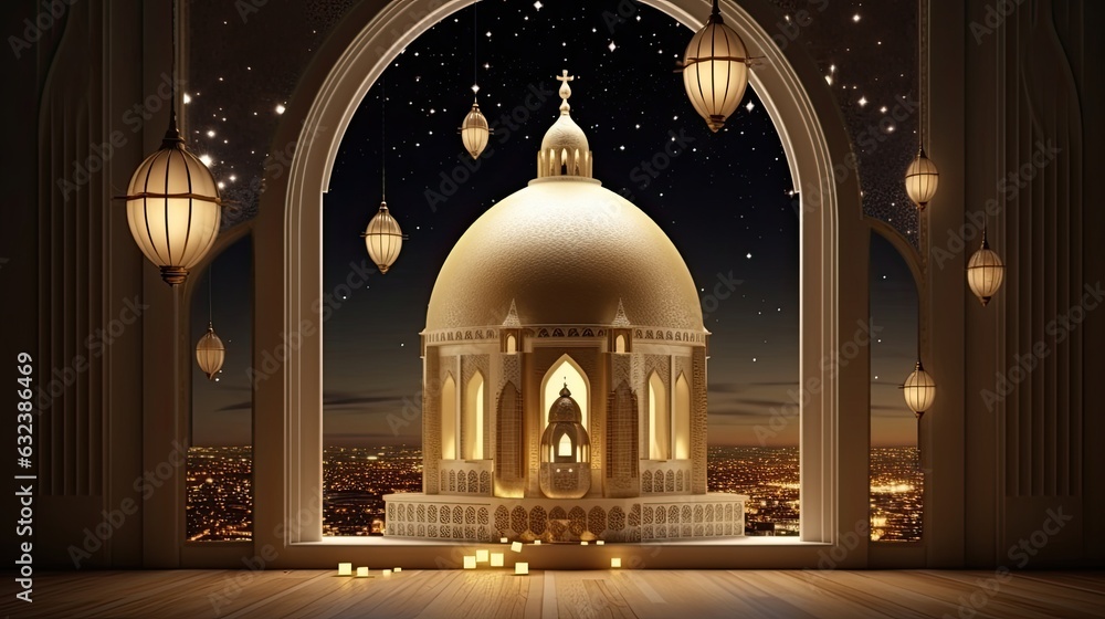 Fototapeta premium Ramadan decoration banner illustration template with Arabic lantern background. copy space.