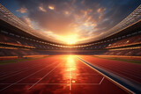 Running track stadium evening arena with crowd fans, AI generate