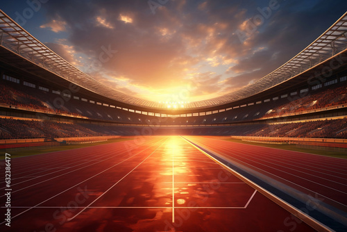 Running track stadium evening arena with crowd fans, AI generate