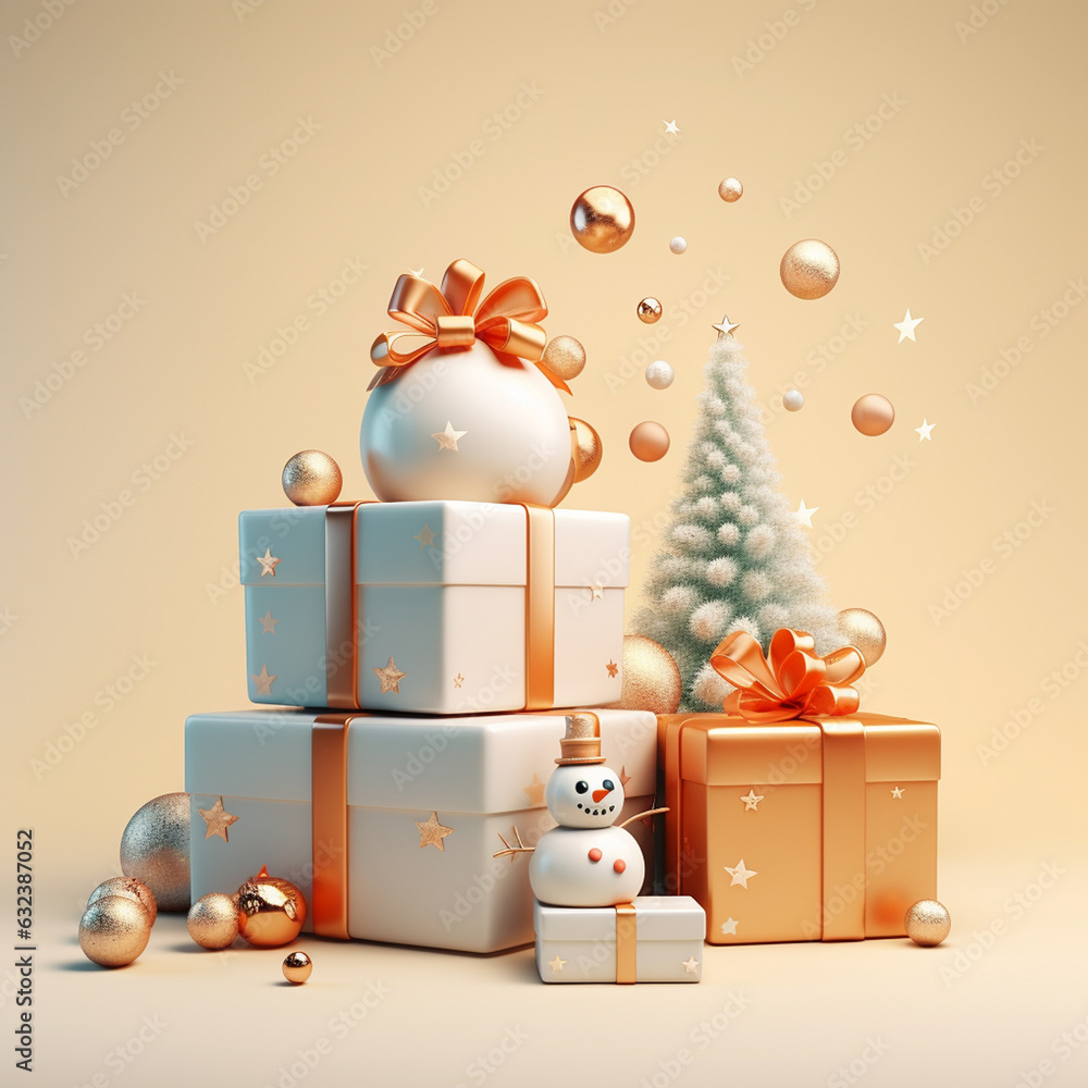 Flat lay new year cristmas boxes, balls and pine tree and lights . High quality photo