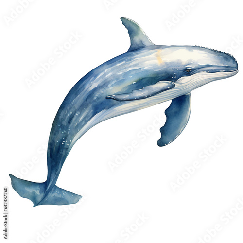 Blue whale jumping  watercolor illustration isolated