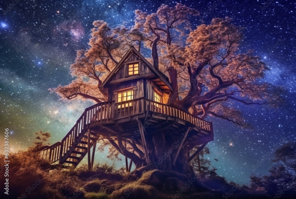 Fototapeta premium Tree house with a beautiful view of the sky at night. generative ai