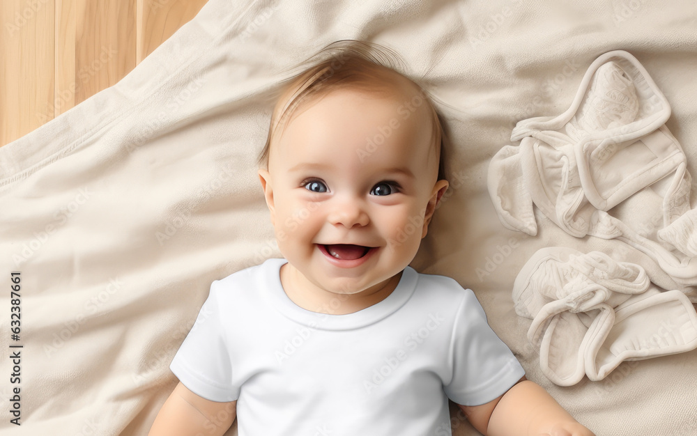 Cute little baby girl in yellow dress lying on bed at home. created by generative AI technology.