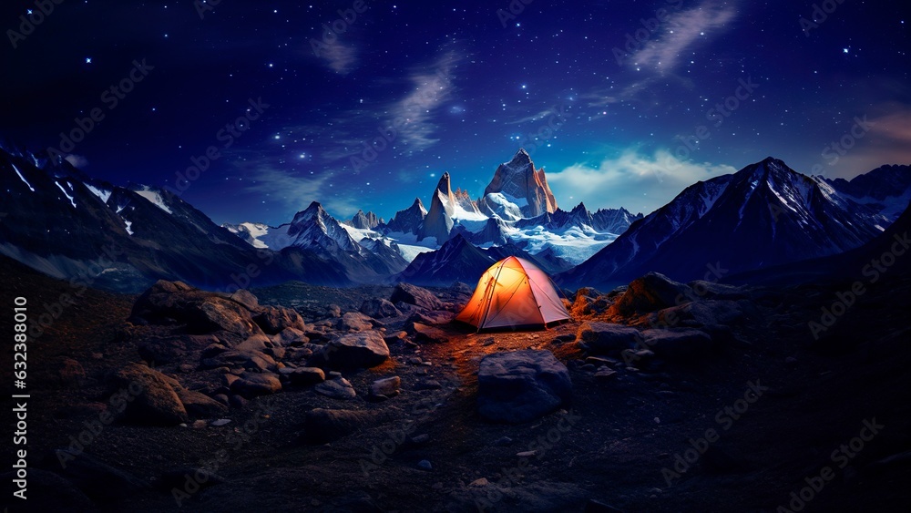 Stunning night photography of Fitz Roy's Mount under starry night with illuminated tent