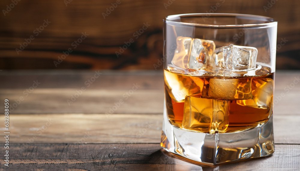Glass of whiskey with ice on wooden table. Copy space for text. Glass of whiskey with ice on wooden table. Copy space for text.