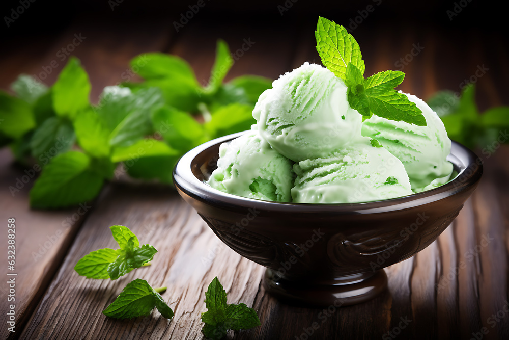 Homemade Mint Ice cream With Fresh Mint Leaves on a table Homemade Mint Ice cream With Fresh Mint Leaves on a table
