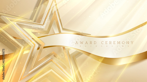 3d golden star shape element with ribbon and glitter light effect decoration. Luxury award ceremony concept.