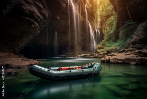 Rubber boat under the gentle flow of a waterfall. longexposure. generative ai