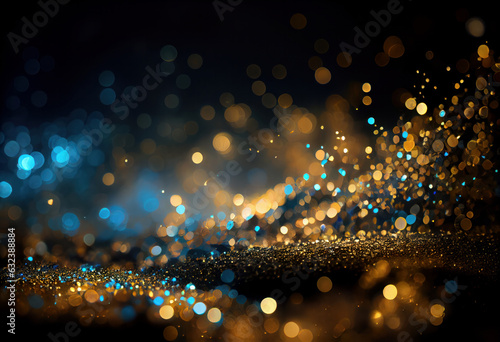A dark and festive glittery background, with a mix of blue and gold sparkles and a defocused bokeh texture. Perfect for night events and holiday celebrations. AI Generative.