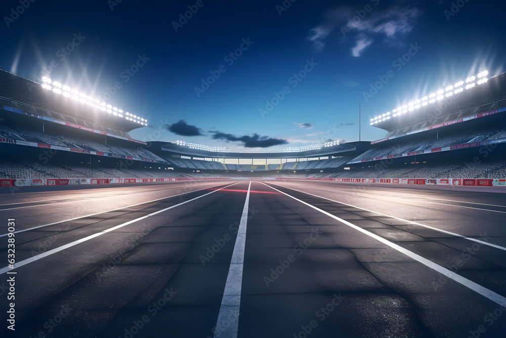 asphalt racing track and illuminated race sport at stadium evening ...
