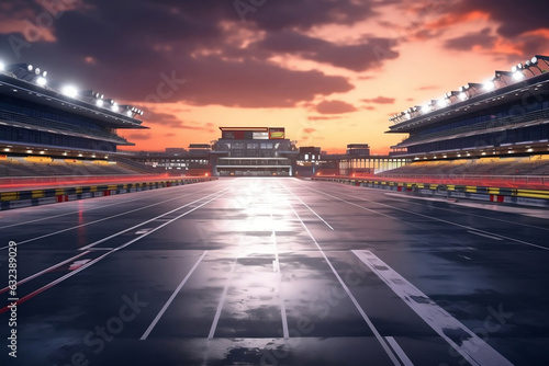 asphalt racing track and illuminated race sport at stadium evening arena and spotlight, AI generate