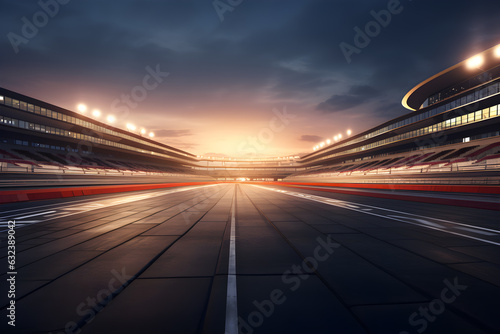asphalt racing track and illuminated race sport at stadium evening arena and spotlight, AI generate