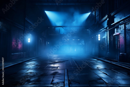 dark empty street dark blue background, scene city with lights, lights shining from above, in the style of smokey background, highly staged scenes, red and azure, AI generate © Black Pig