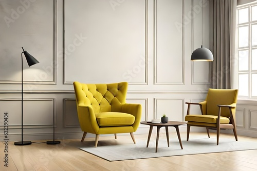 Living room interior wall mock up with yellow armchair on empty cream color wall background. 3d rendering