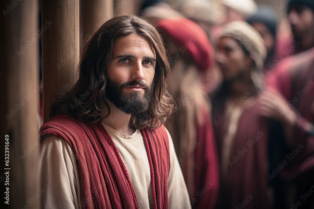 Jesus wearing a red sash during the Cleansing of the Temple, entering