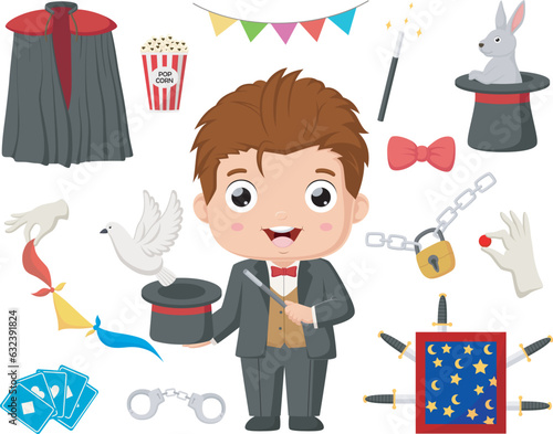 Cute magician kid with magic elements collection
