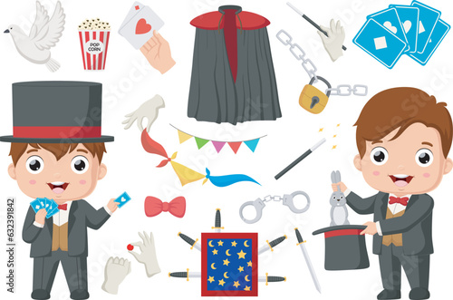 Cute magician kid with magic elements collection