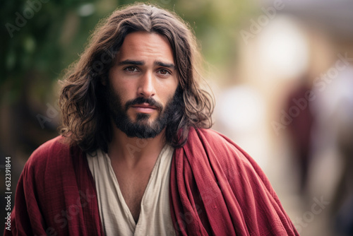 Photo Jesus wearing a red sash in the parable of the Lost Coin in Luke 15:8-10, woman