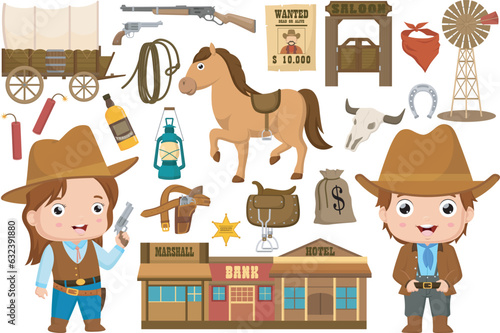 Set of wild west elements on a white background