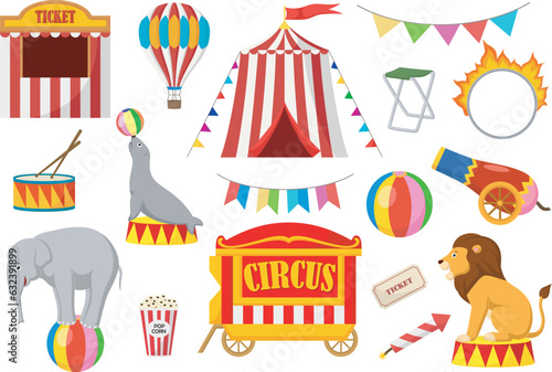 Set of circus elements on a white background