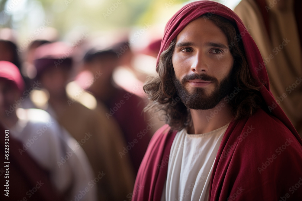 Jesus wearing a red sash during the Sermon on the Plain in the Gospel