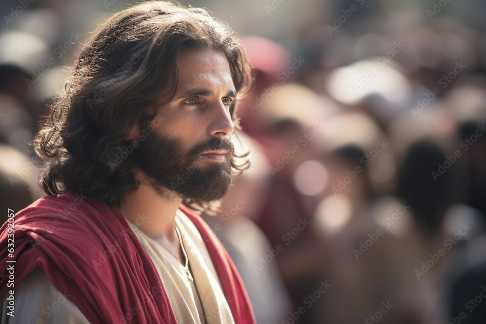 Jesus wearing a red sash during the Sermon on the Mount in the Gospel