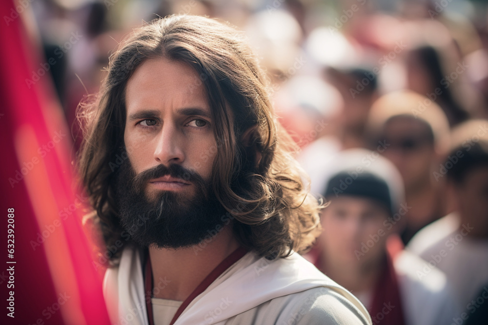 Jesus wearing a red sash during the Sermon on the Mount in the Gospel ...