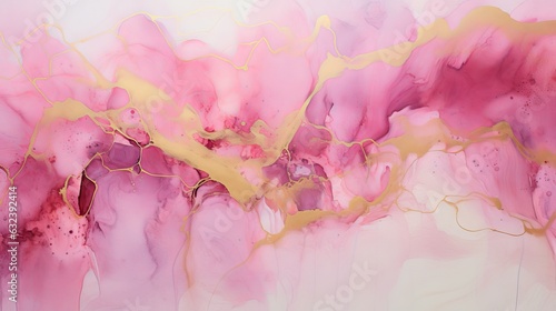 Pink texture watercolor background, abstract paint stain with gold details