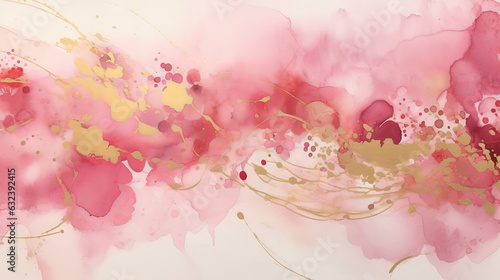 Pink texture watercolor background, abstract paint stain with gold details