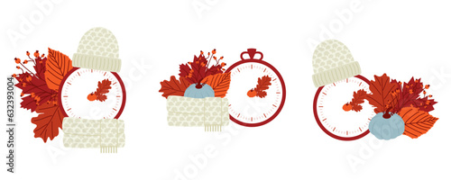 Clock switch to winter time. Daylight saving time ends. Set of a clocks in a floral frame of autumn orange foliage and turning an hour back. Flat vector illustration.