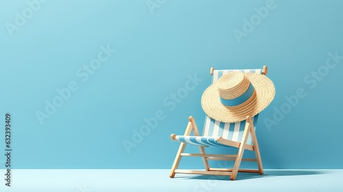 Tableau sur toile Empthy chair and Beach hat on blue background summer theme
