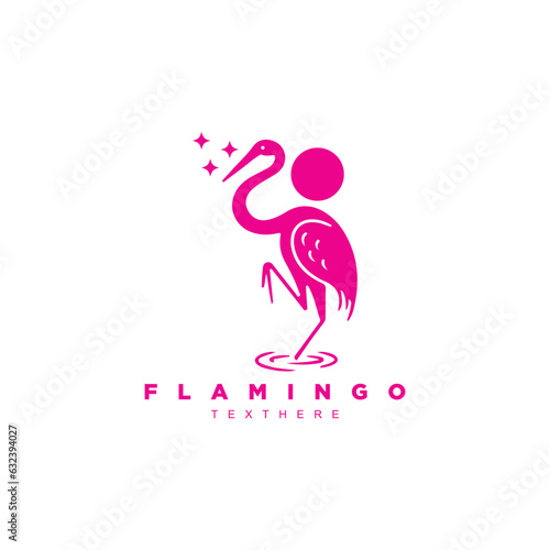 Pink flamingo bird logo design with moon or sun and star logo design vector