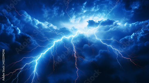 Dramatic night sky with intense lightning, dark clouds, and swirling blue