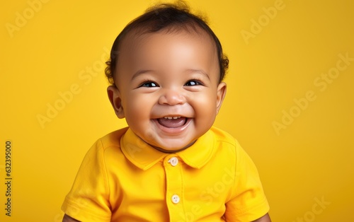 Portrait of a cute little African American baby laughing on yellow background. created by generative AI technology.