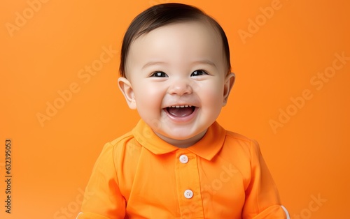 Portrait of a laughing baby in orang clothing on orange background. created by generative AI technology.