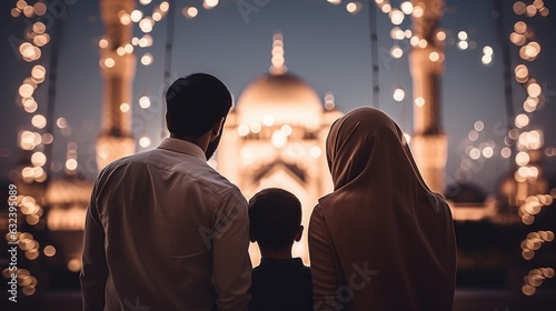 Muslim family view mosque. muslim family eid greetings back view, Jumma Mubarak