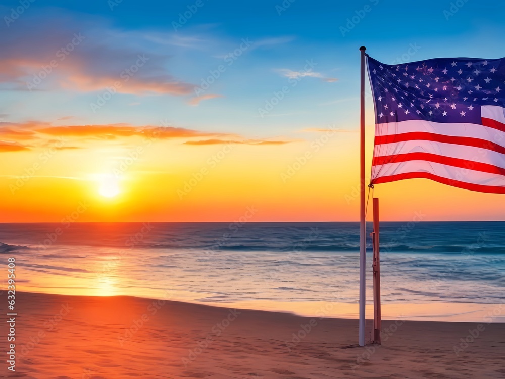 USA flag on background of sunset or sunrise. Greeting card for Veterans Day or Memorial Day. Image is generated with the use of an Artificial intelligence