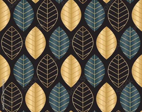 Seamless pattern of golden and blue leaves. Perfect for wrapping paper, wallpaper, surface textures, textiles.